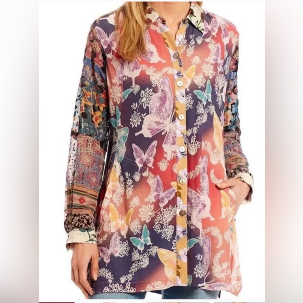 John Mark Mix Print  Burnout roll tab sleeve Button Up Tunic Butterfly size M